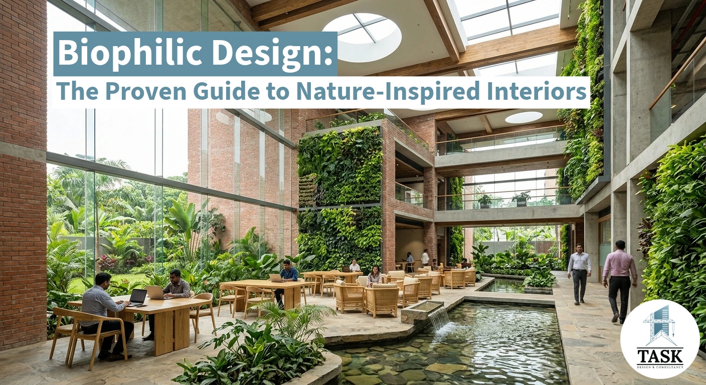 Biophilic design interior with natural materials and green walls — Task Design & Consultancy Dhaka