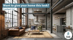 Industrial style interior design with exposed brick and steel in a modern Dhaka home — Task Design & Consultancy