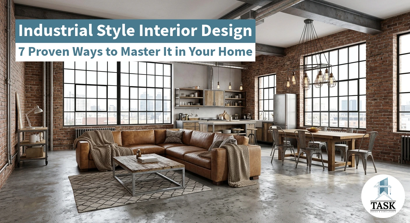Industrial style interior design with exposed brick and steel in a modern Dhaka home — Task Design & Consultancy