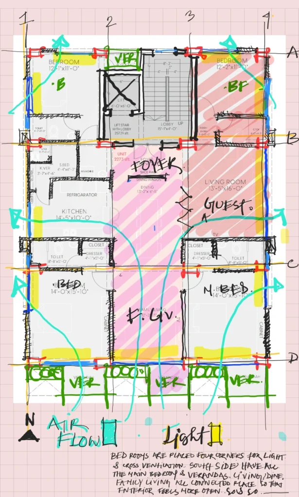 Karim's floor plan marked with airflow and light notes